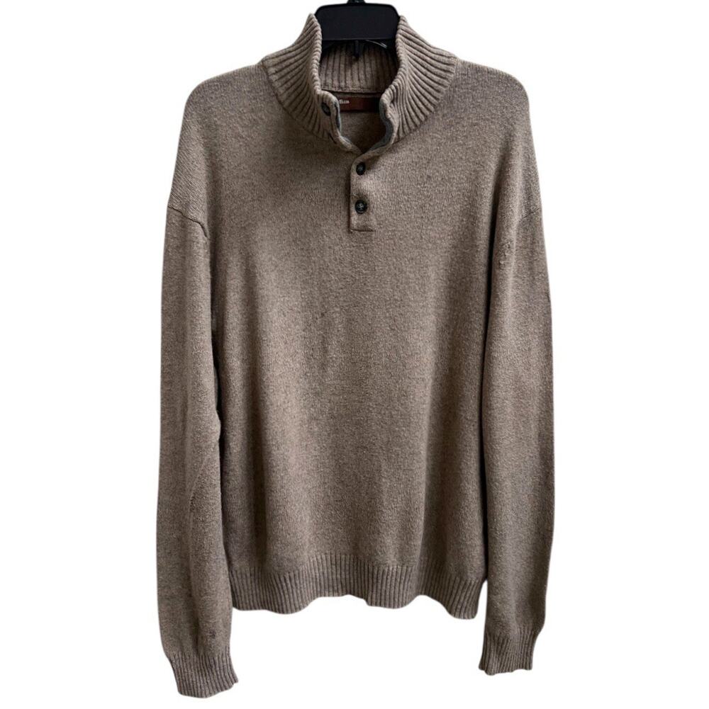 Perry Ellis Sweater Mens Sz XL Mock Neck 1/4 Button Long Slv Taupe Knit Preppy